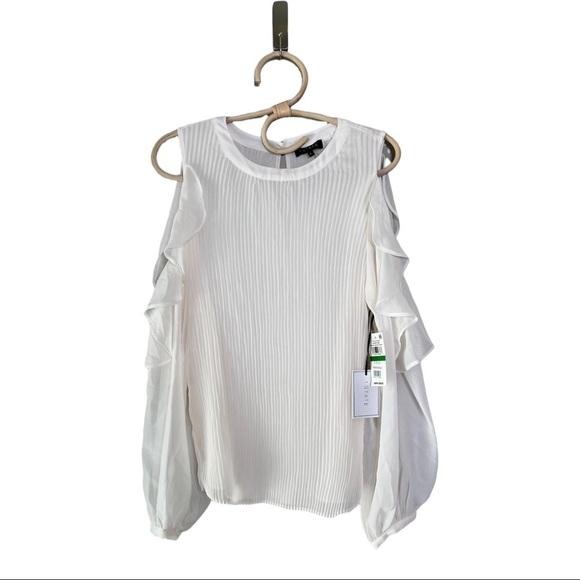 Soft Ecru Pleated Cutout Sleeve Ruffle Cold Shoulder Golden Daze by 1.STATE NEW - Picture 2 of 11